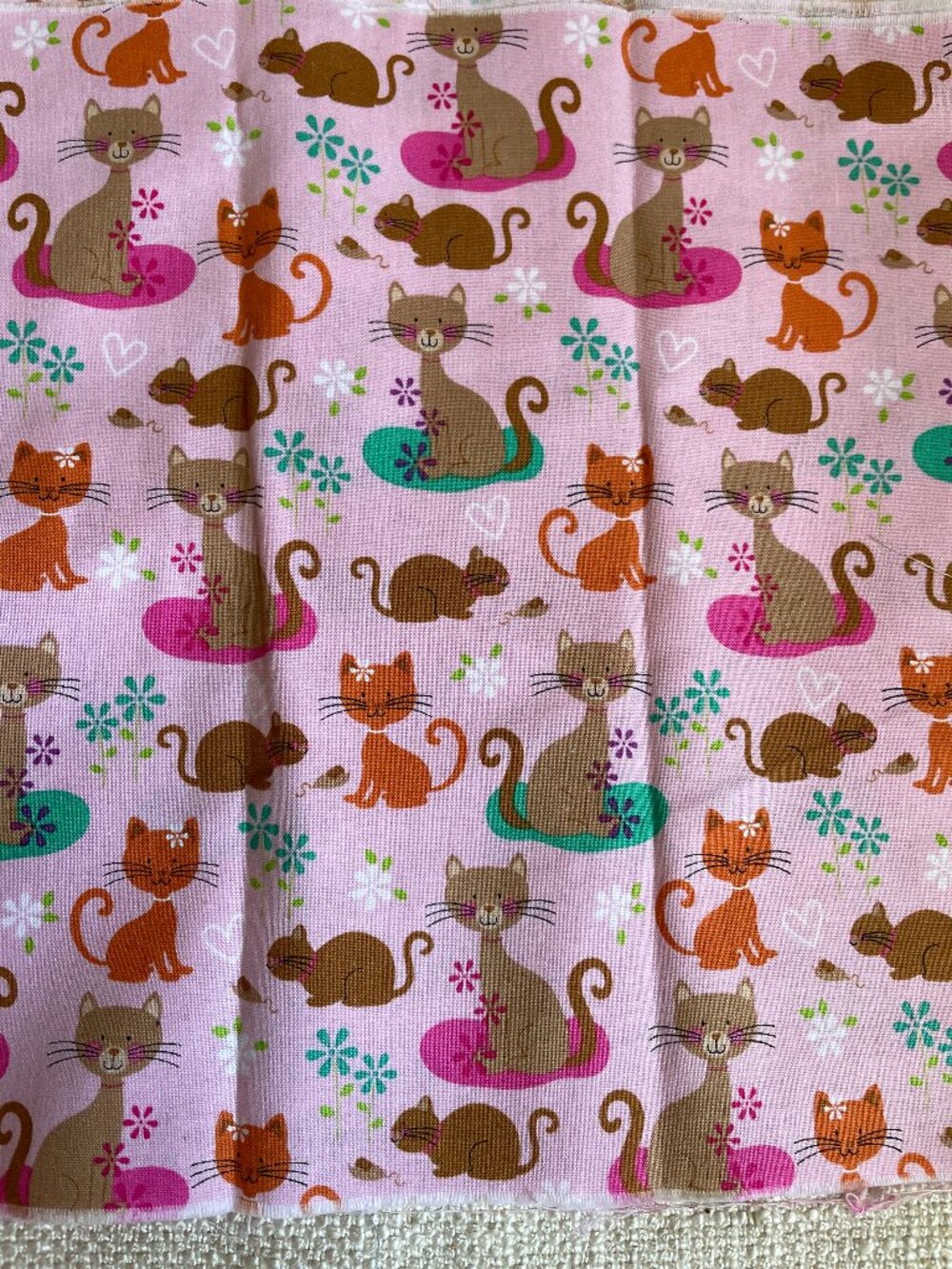 Cat Mouse Print Pink Tan Cotton Fabric 10x22”